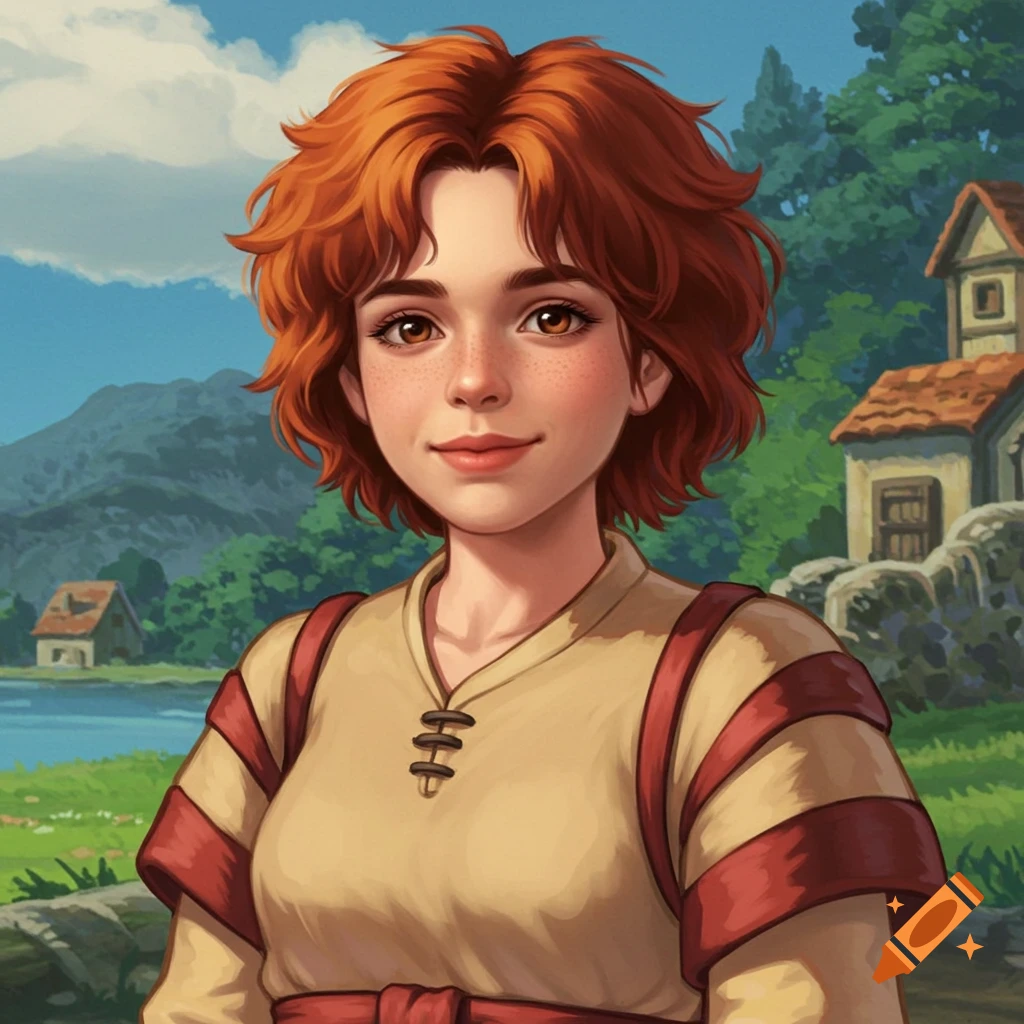 A cartoon portrait of a young girl with red hair and freckles in a countryside setting, in a Ghibli-like style.