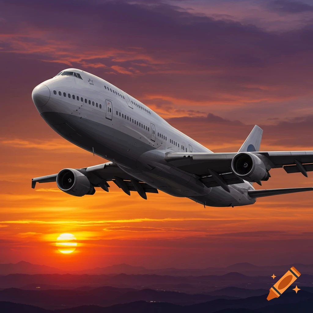 A Boeing 747 airplane flies against a vibrant orange and purple sunset sky over mountains.