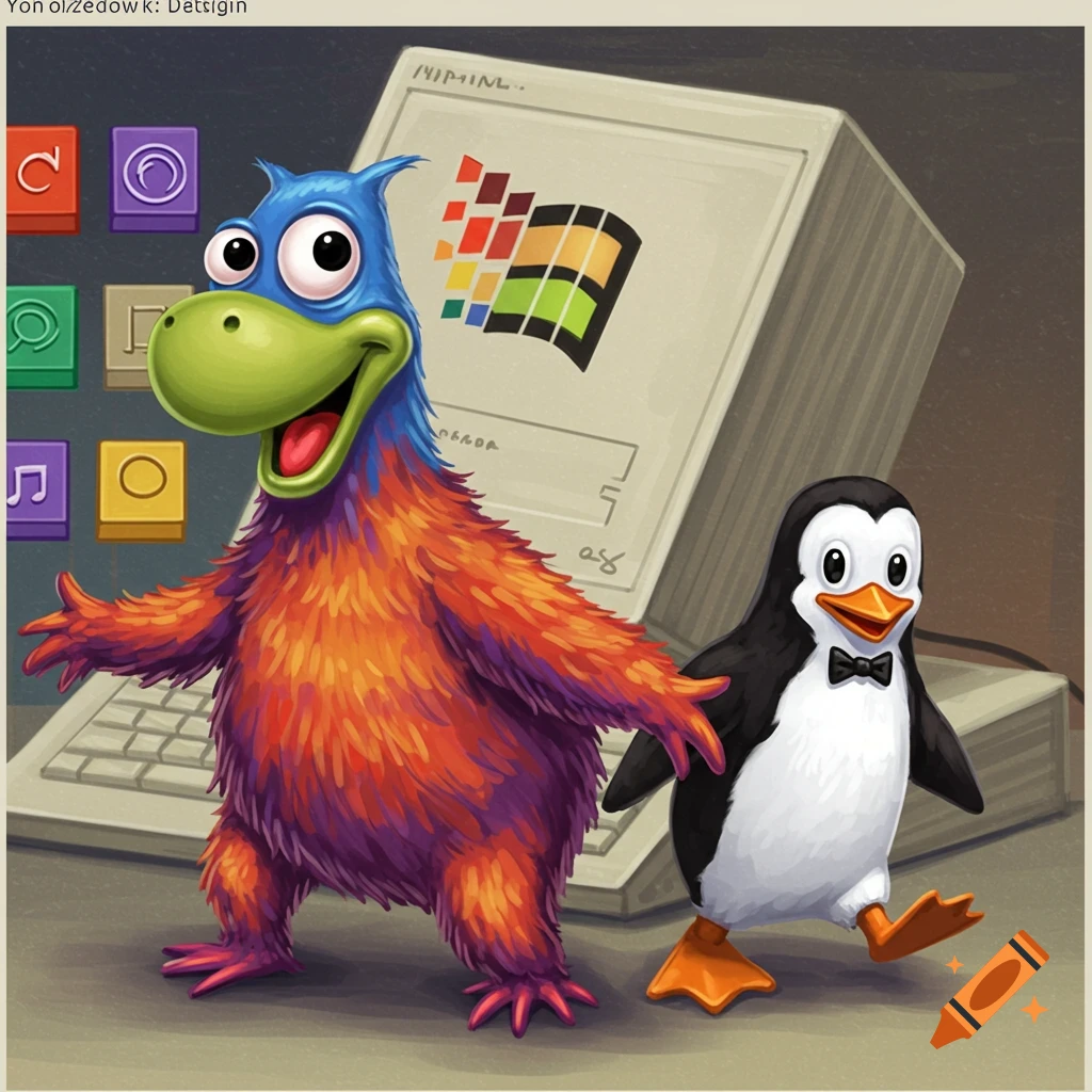 Cartoon characters, a fluffy bird and a penguin, stand in front of a classic computer screen with icons.