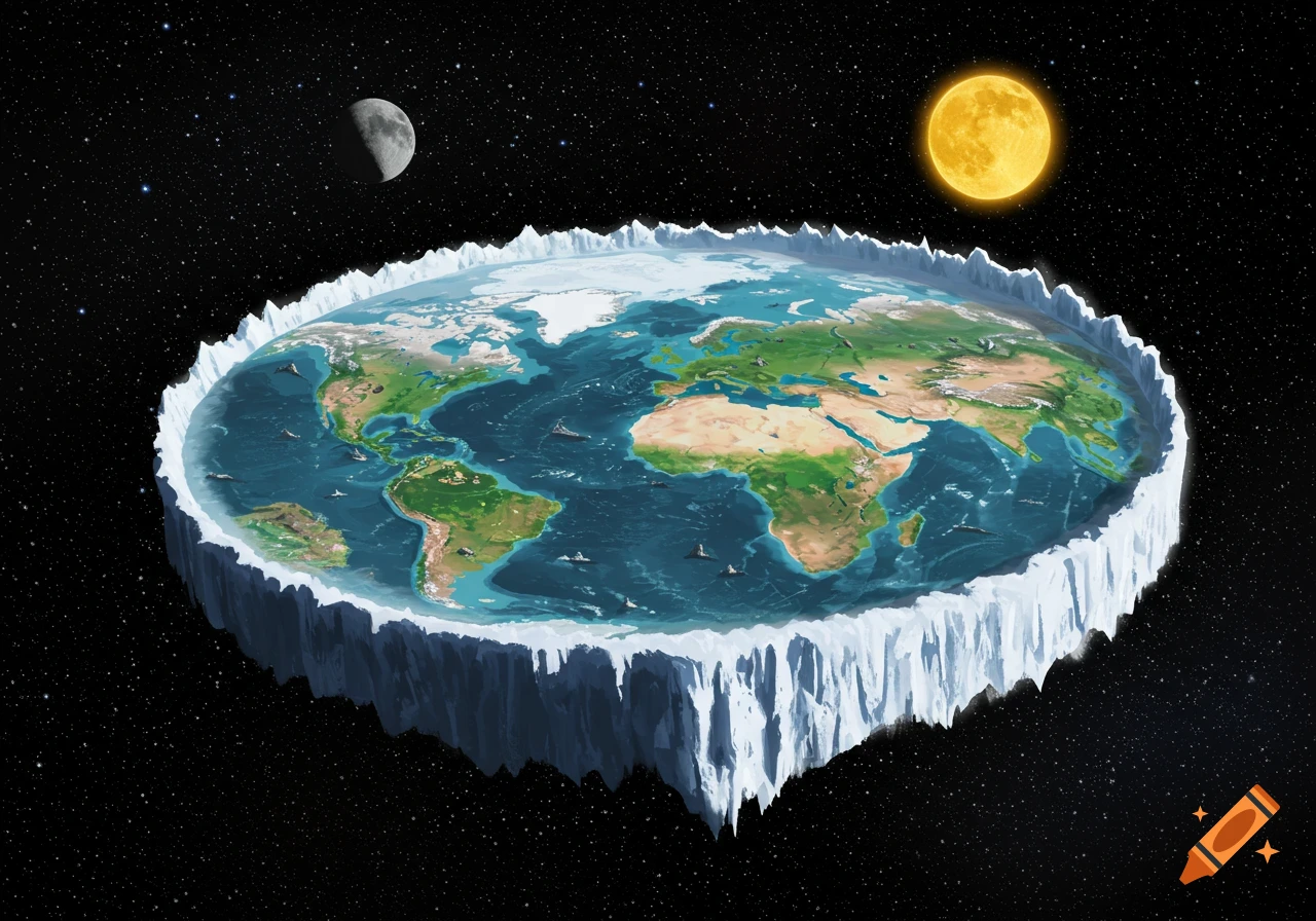 A flat Earth disc surrounded by an ice wall floats in space with the sun, moon, and stars visible.