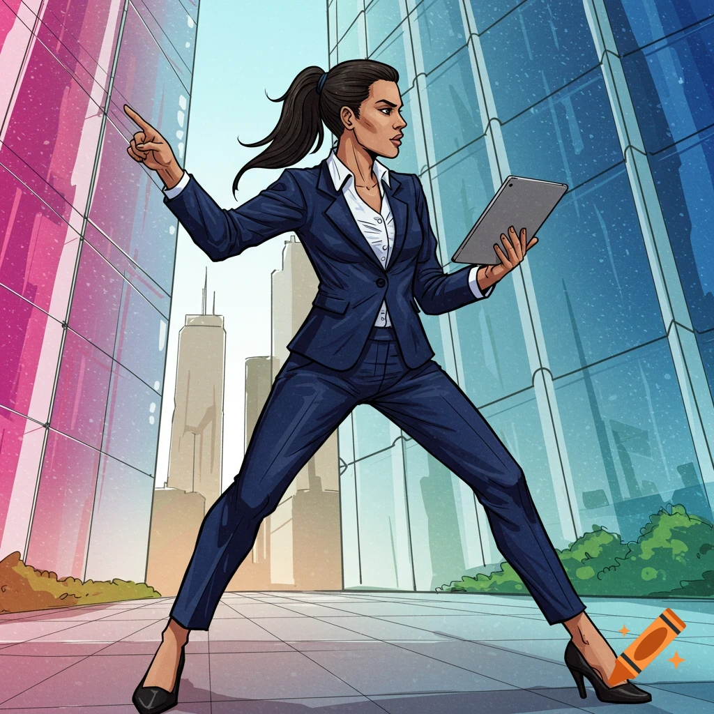 Illustration of a woman in a business suit pointing and holding a tablet in a city