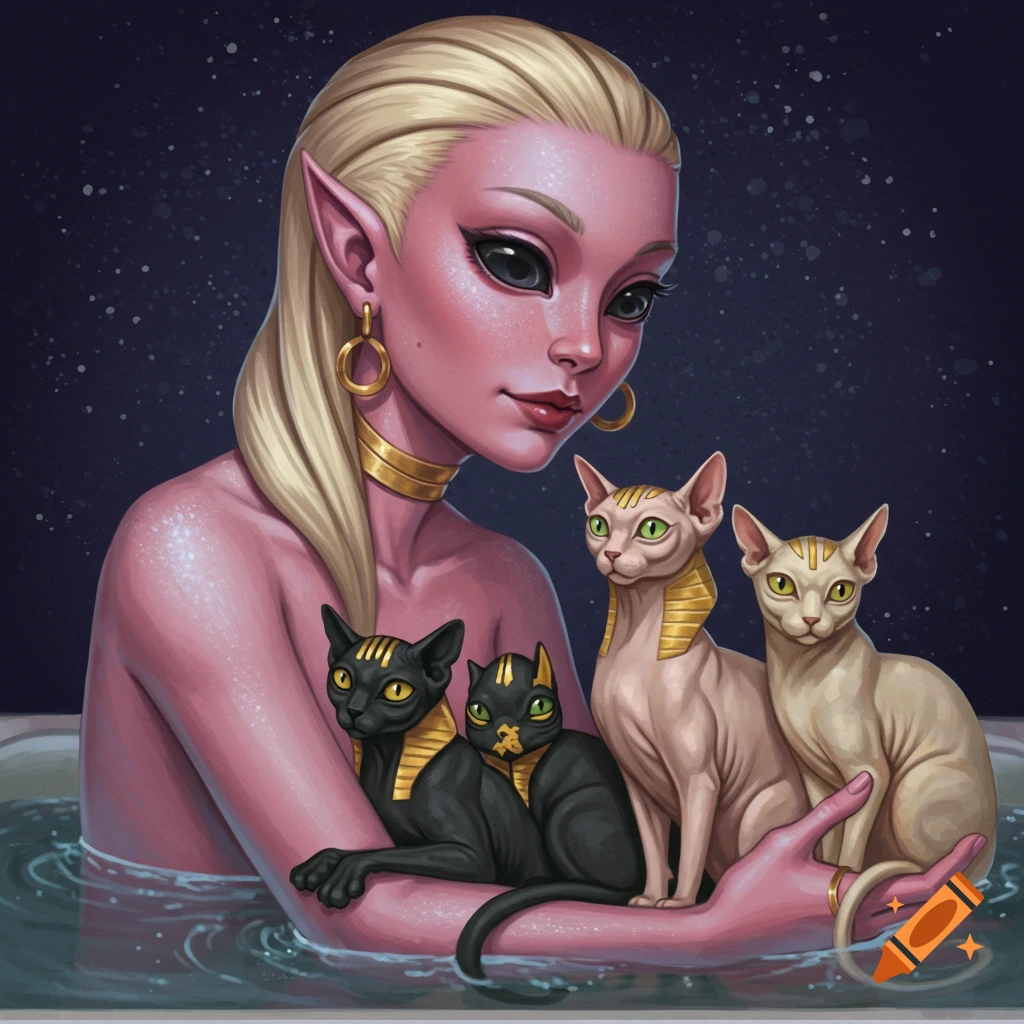 An elf-like woman with pink skin and blonde hair holds several cats while sitting in a bath.