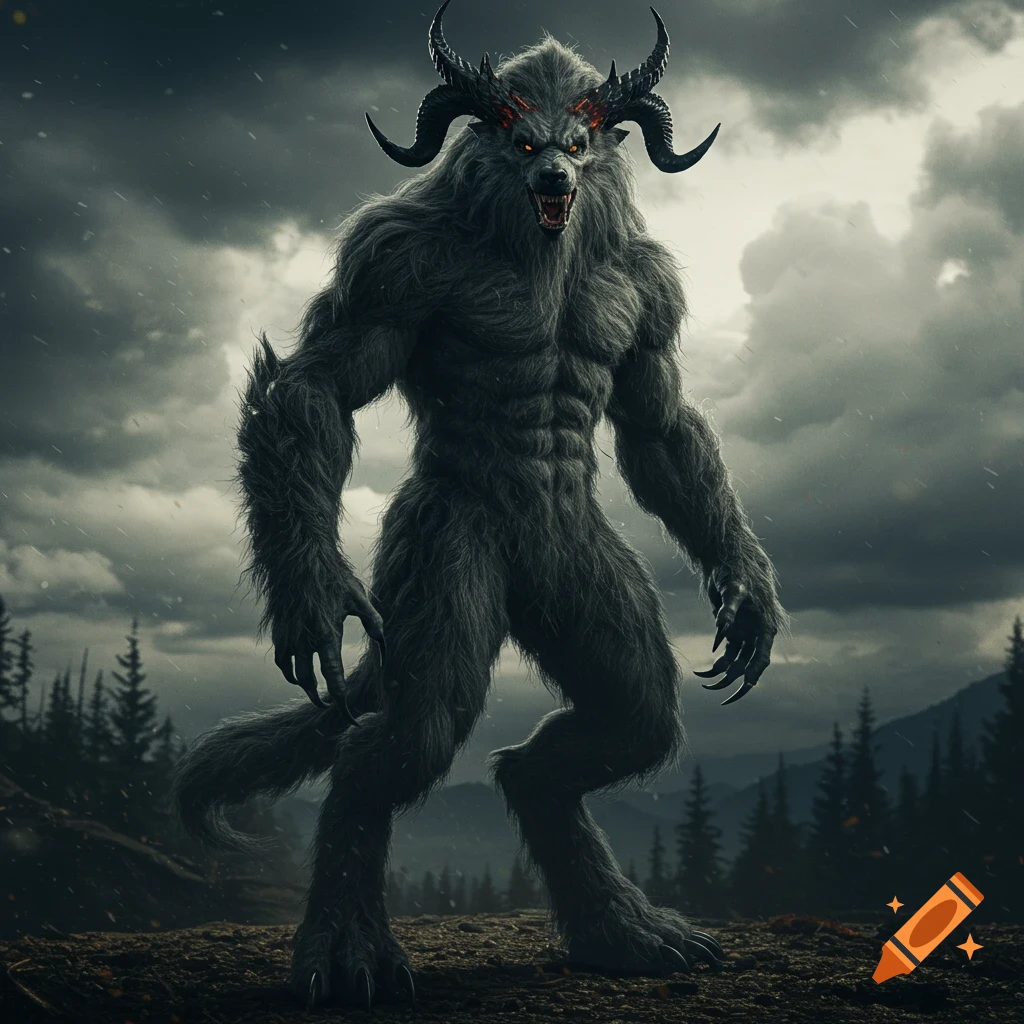 A furry bipedal monster with horns and glowing red eyes stands in a dark forest under a stormy sky.