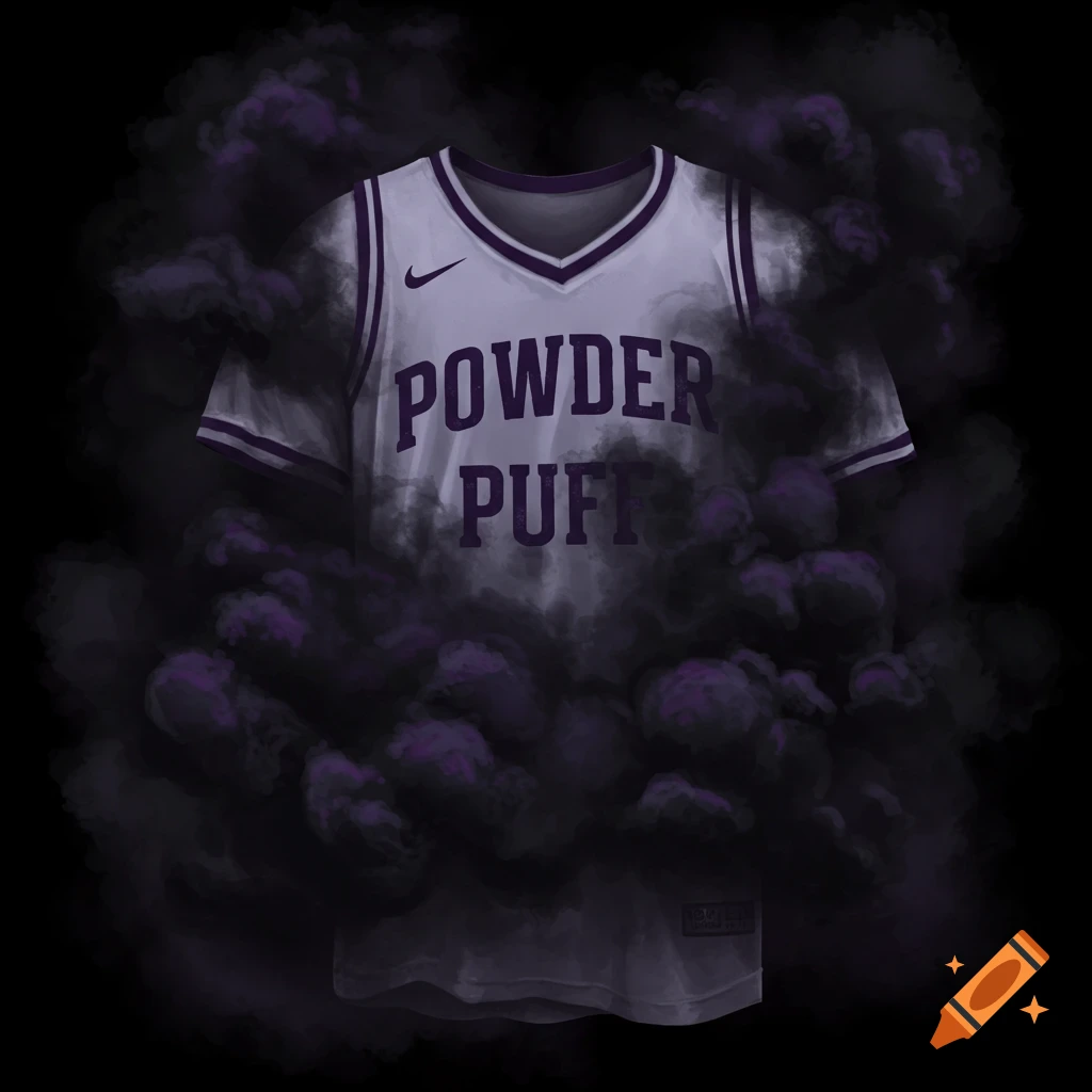 A purple and white jersey with 'POWDER PUFF' text, surrounded by dark purple smoke on a black background.