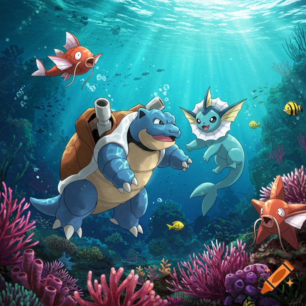 Blastoise, Vaporeon, Magikarp, and Starmie swim in an underwater scene with coral and fish.
