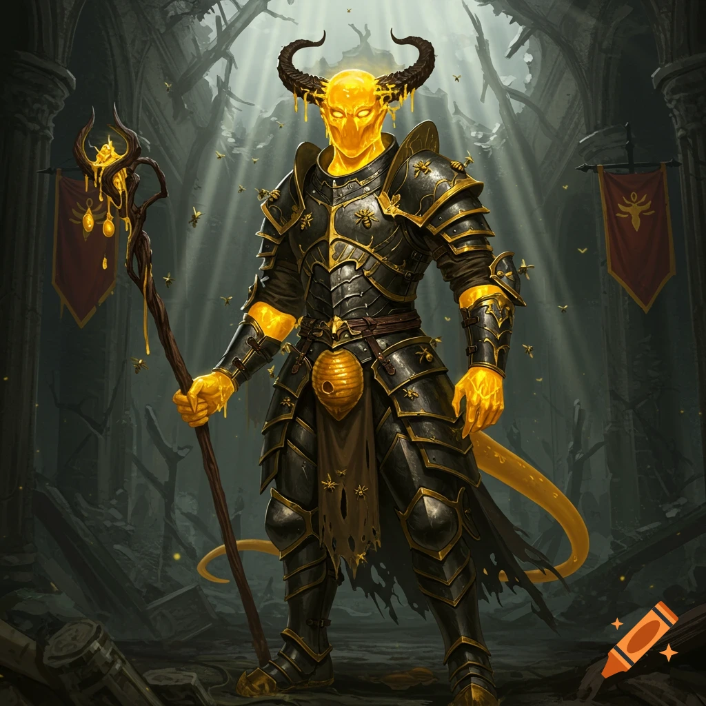 A yellow honey demon soldier in black armor stands in a dark ruined castle, holding a staff dripping with honey.