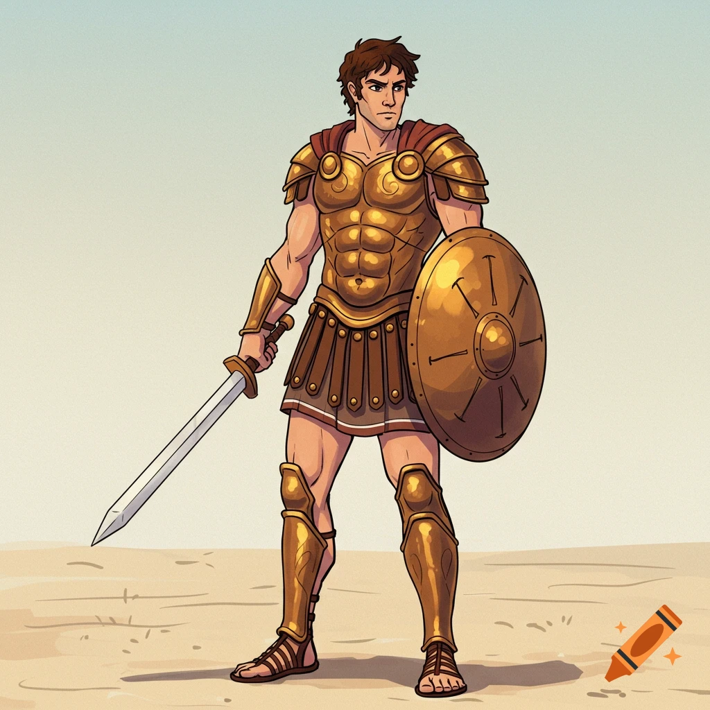 Illustration of a man in golden armor holding a sword and shield, standing in a desert