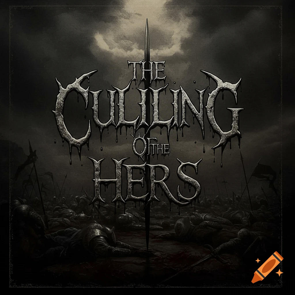 Ominous dark fantasy art of a battlefield with dead soldiers under a stormy sky, with prominent jagged text 'THE CULLING OF THE HERS'.