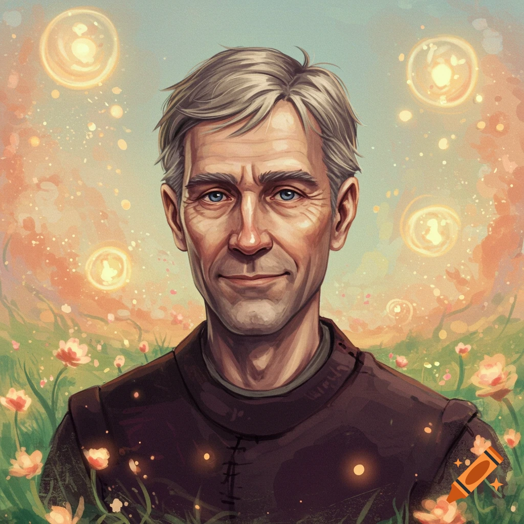 Illustrative portrait of a man with grey hair and blue eyes standing in a field with flowers and glowing orbs.
