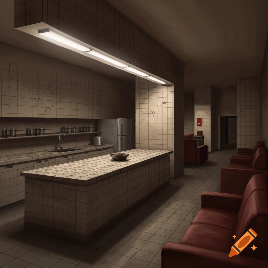 Dark interior of a tiled kitchen with a counter island, appliances, shelves, couches along a wall, and a hallway.
