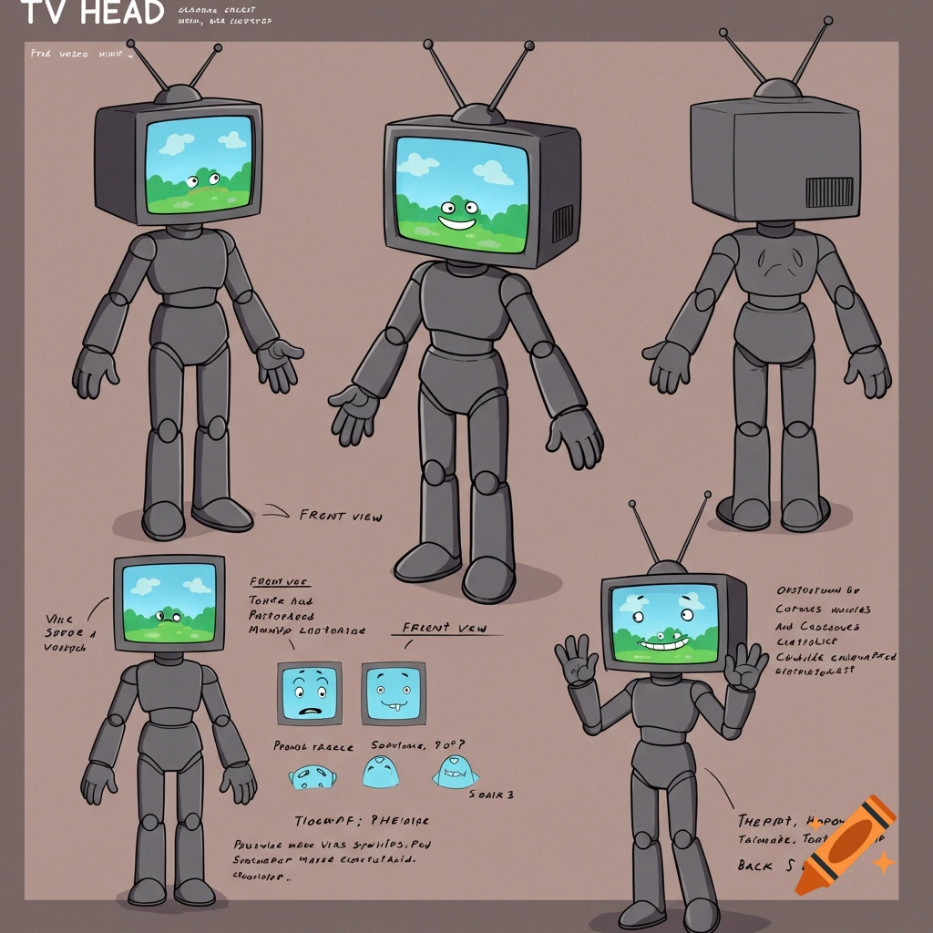 Reference sheet for a cartoon robot character with a TV head, showing front, back views, and expressions.