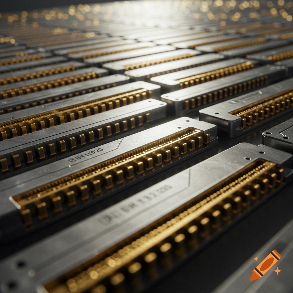 Close-up view of multiple rows of electronic expansion slots with gold contacts.