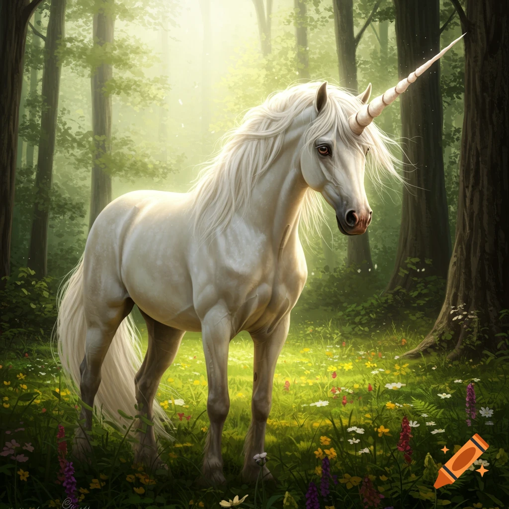 A majestic white unicorn stands in a sunlit forest clearing filled with wildflowers.