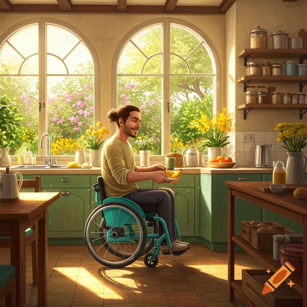 Smiling man in a wheelchair in a sunny kitchen, preparing breakfast.
