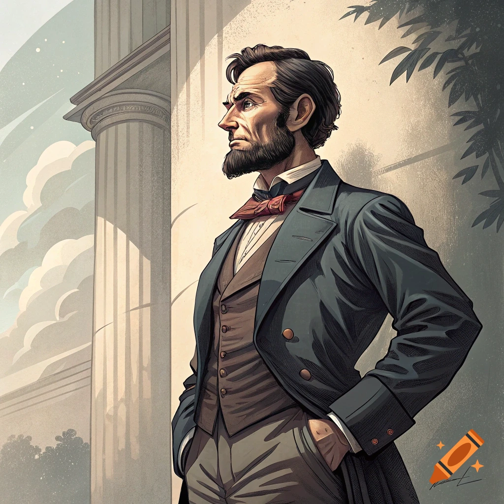 Illustrative portrait of Abraham Lincoln standing next to a classical column