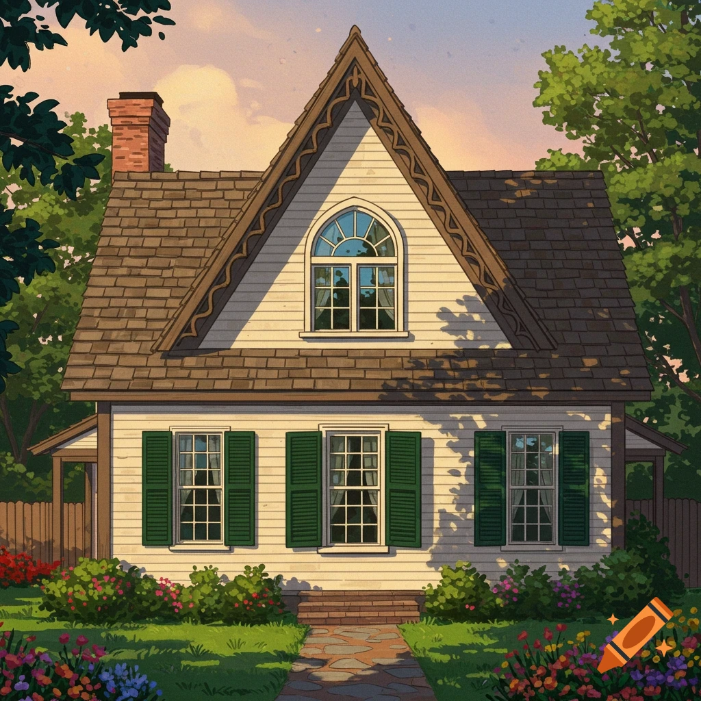 A charming house with a pointed roof, green shutters, a garden path, and colorful flowers.