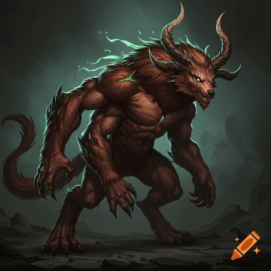 A four-armed furry monster with horns and glowing green eyes in a dark fantasy style.