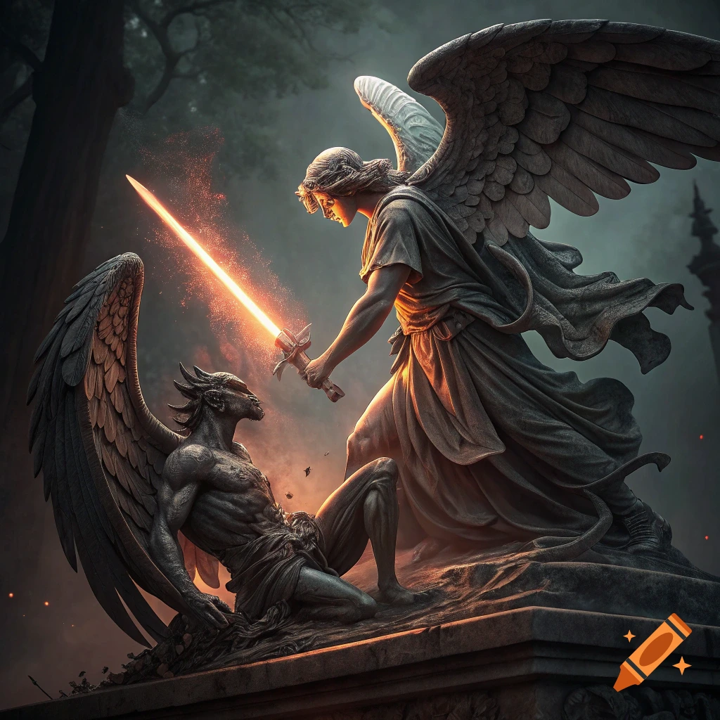 Angel killing demon statue