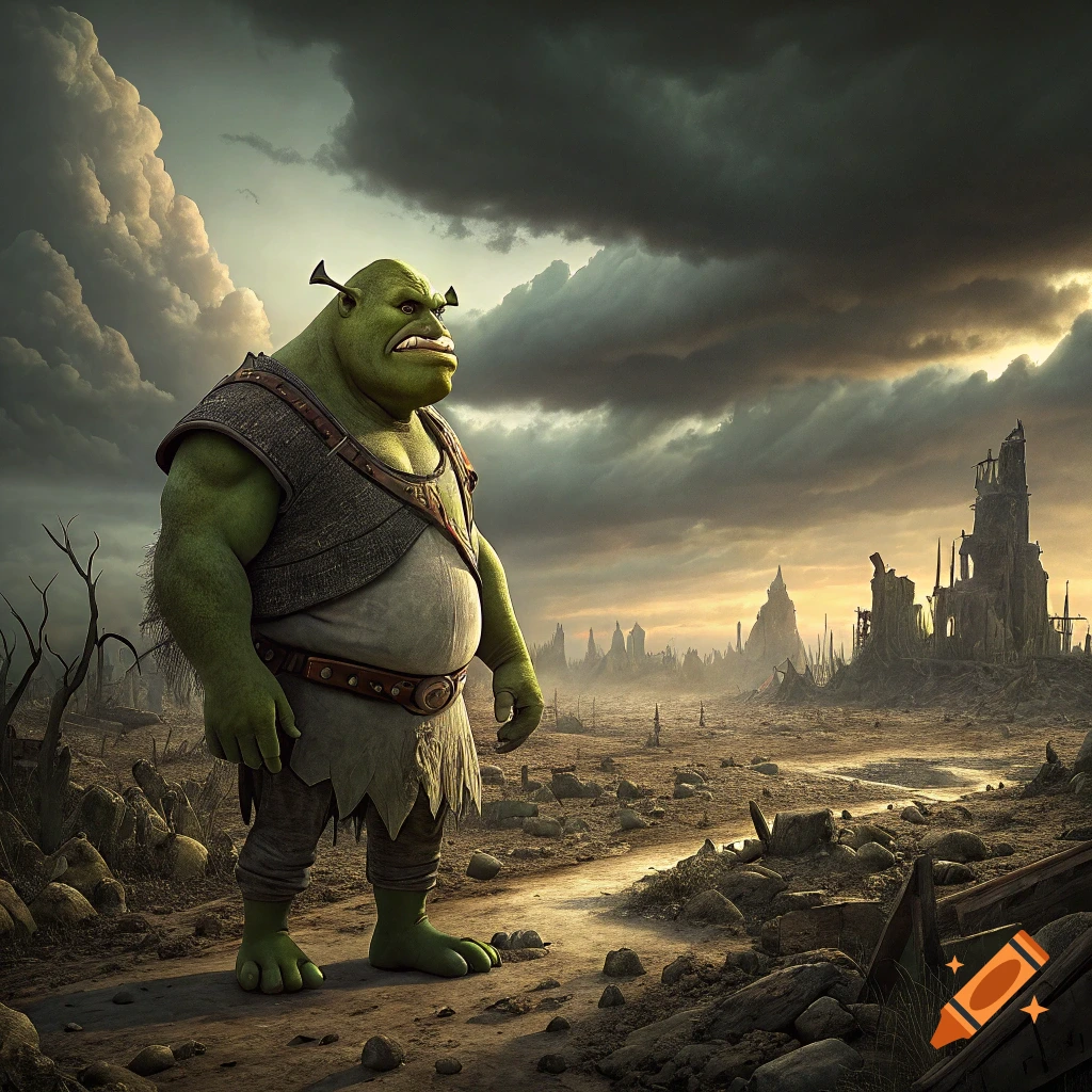 Shrek stands in a post-apocalyptic wasteland under stormy clouds.