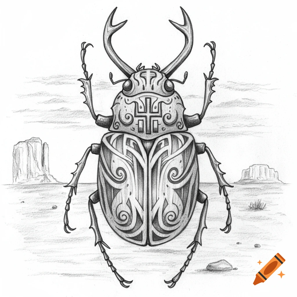 Pencil sketch of a decorated beetle in a desert landscape.