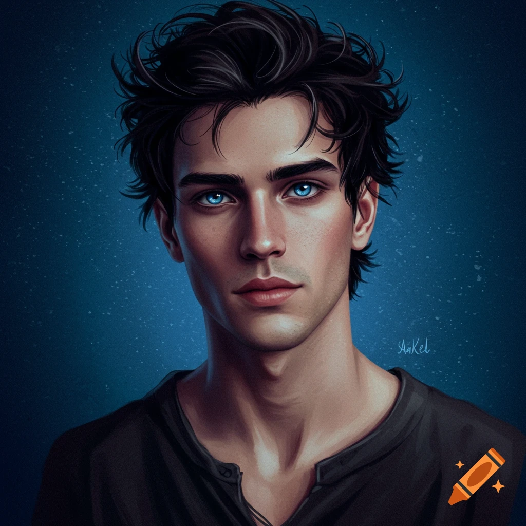 Close-up of a young man with dark hair and striking blue eyes