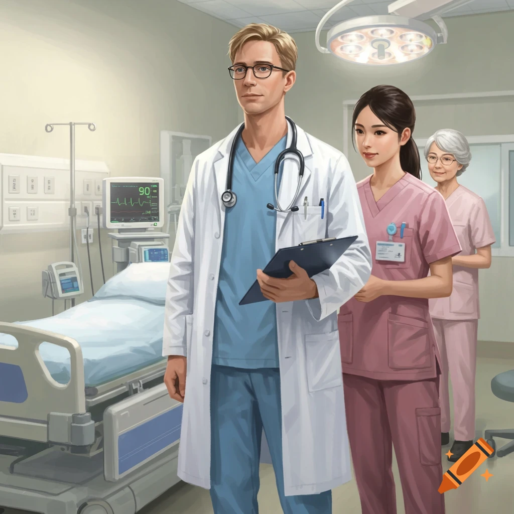 A doctor and two nurses stand in a hospital room with a medical monitor and bed.