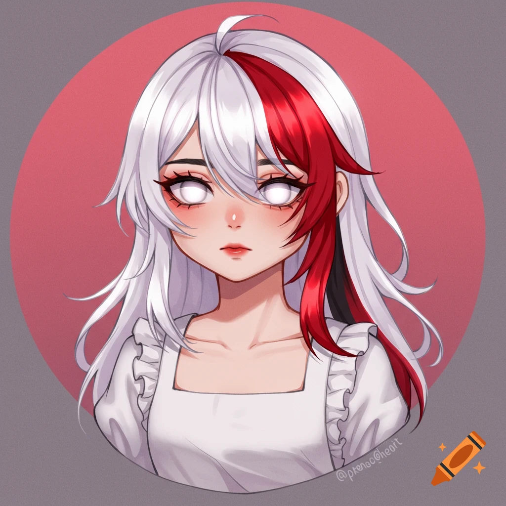 Anime bust of character with split white and red hair, glowing white eyes, and white top