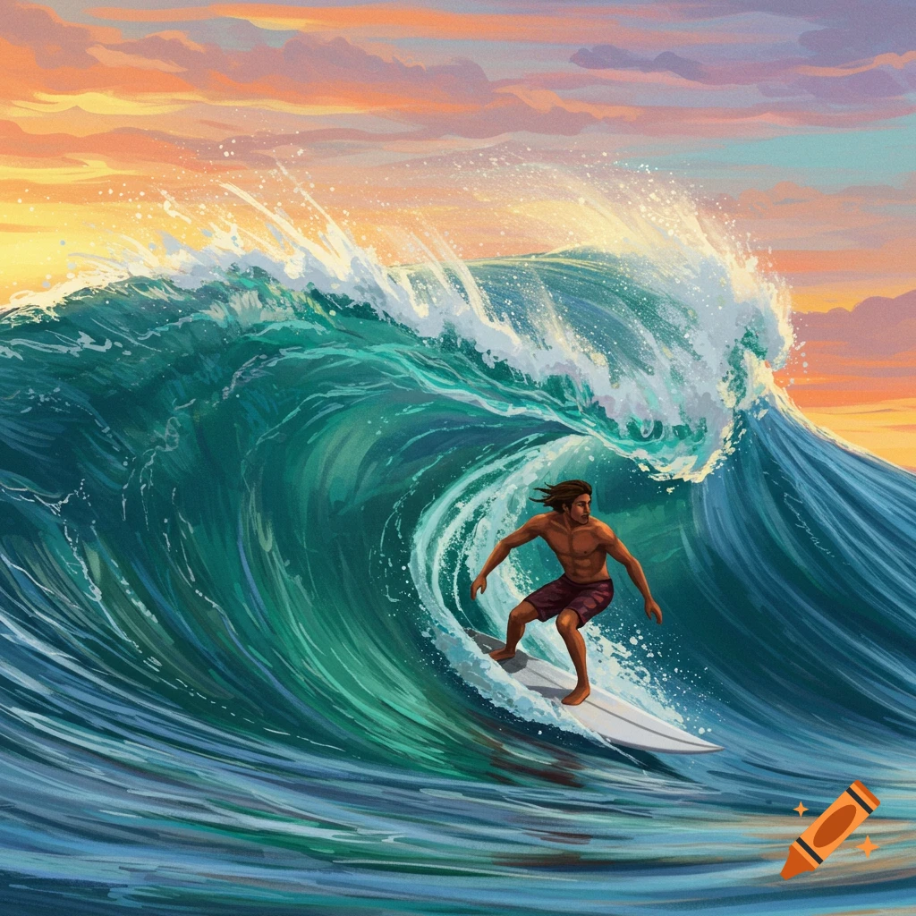 An illustration of a surfer riding a large wave at sunset.