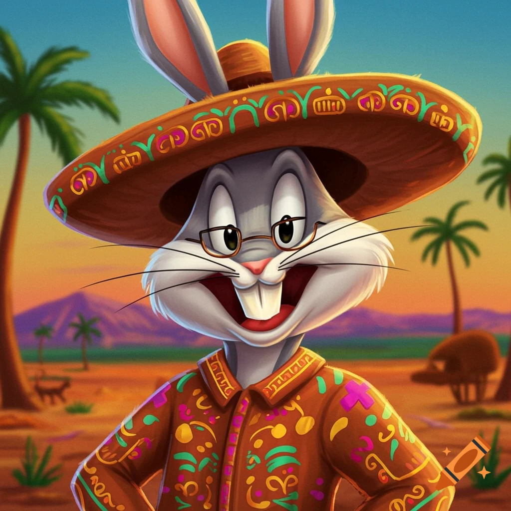 Bugs Bunny wearing a sombrero and patterned shirt in a desert landscape with palm trees and mountains.