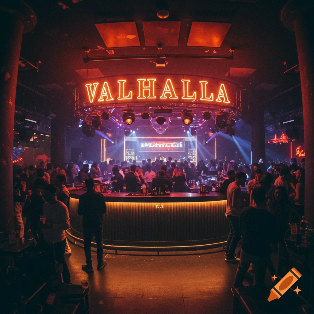A crowded nightclub bar under a large neon sign reading 'VALHALLA'.