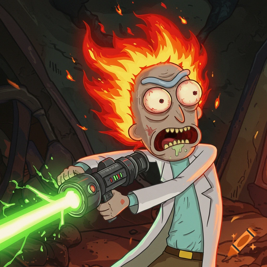Rick Sanchez from Rick and Morty with fiery hair and a laser beam