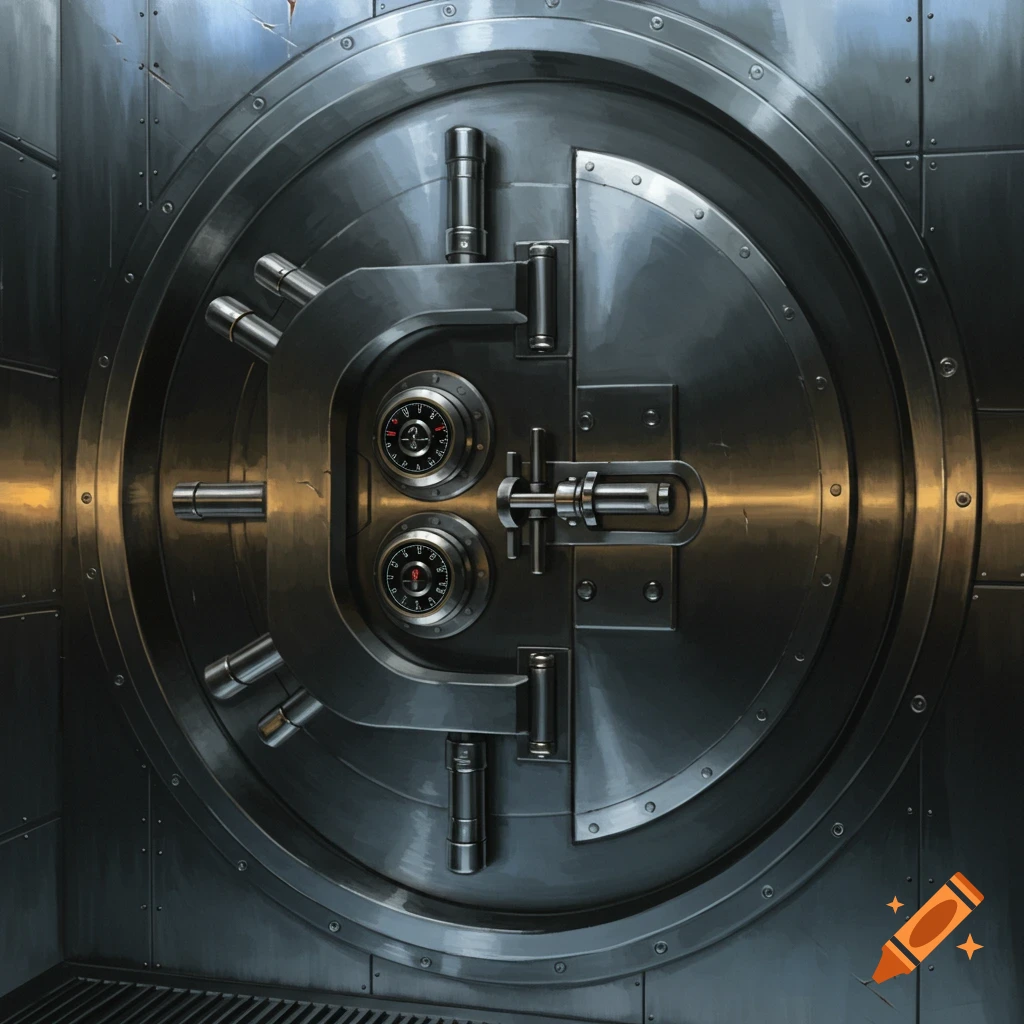 Detailed view of a large metallic vault door with dials and locks.