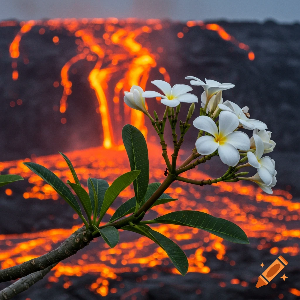 Photorealistic image of white plumeria flowers in the foreground with glowing lava flows in the background.