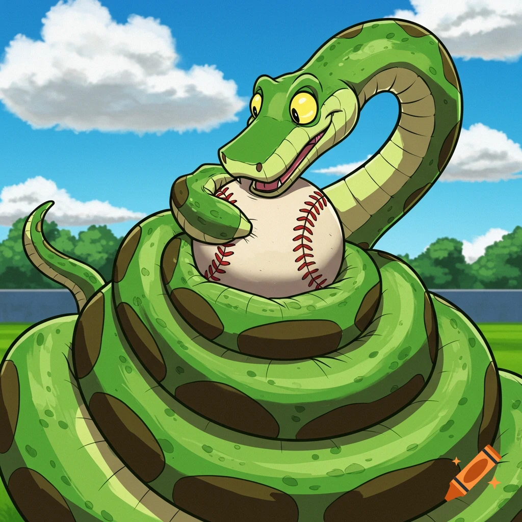 A cartoon snake squeezes a baseball on a field. on Craiyon