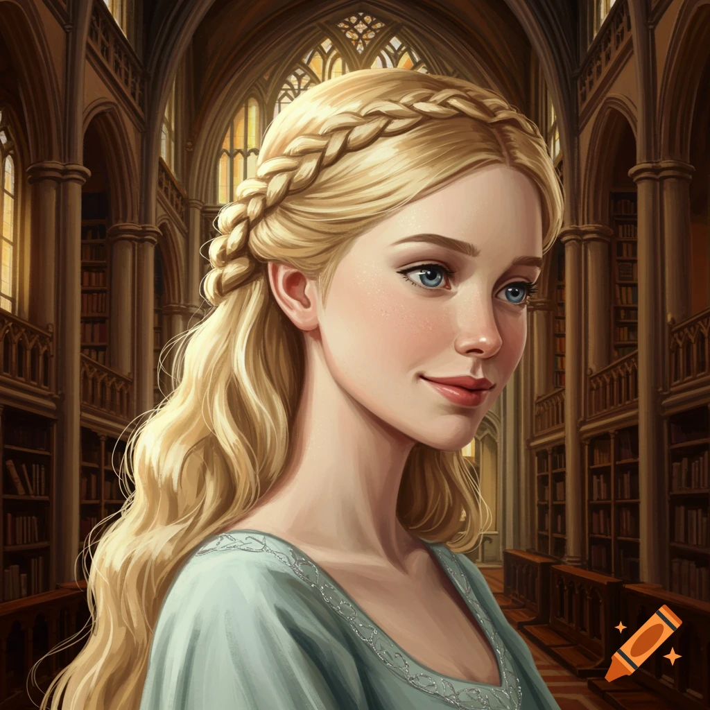 Portrait of a young woman with blonde braided hair and blue eyes in a grand library.