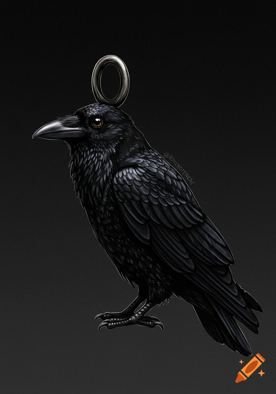 Stylized illustration of a black raven with a dark metal ring above its head.