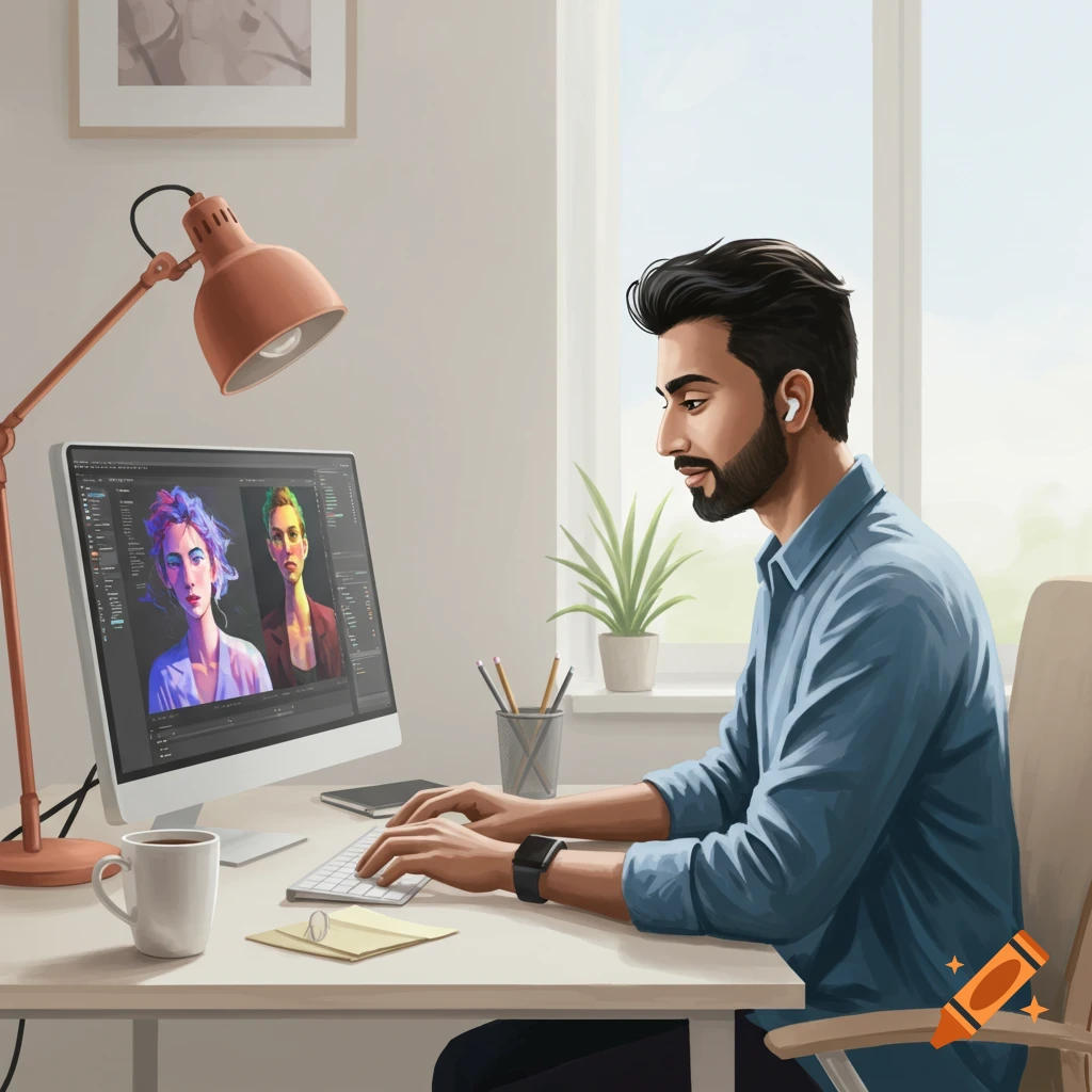 Illustration of a man working on a computer at a desk by a window.