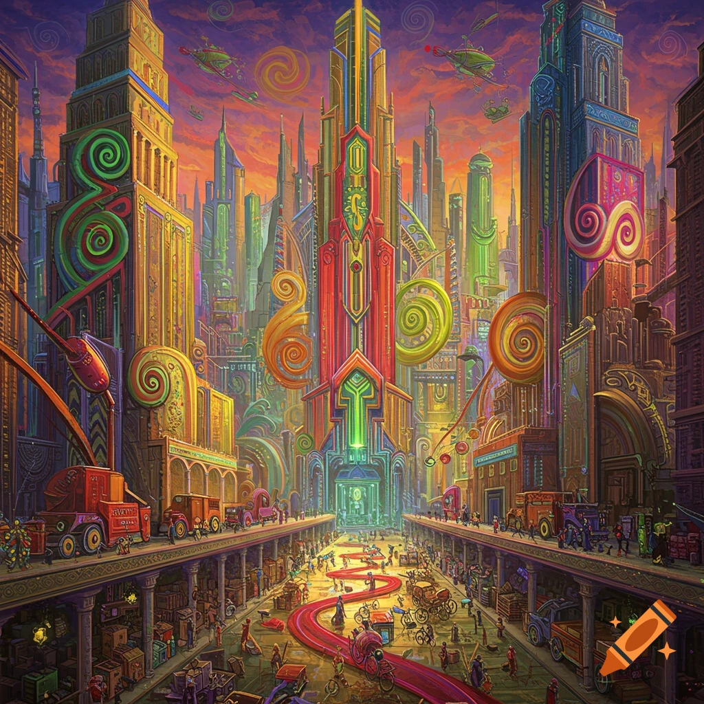 A vibrant, surreal cityscape featuring elaborate, colorful buildings, fantastical vehicles, giant spiral shapes, and tiny figures walking along a street under an orange sky.