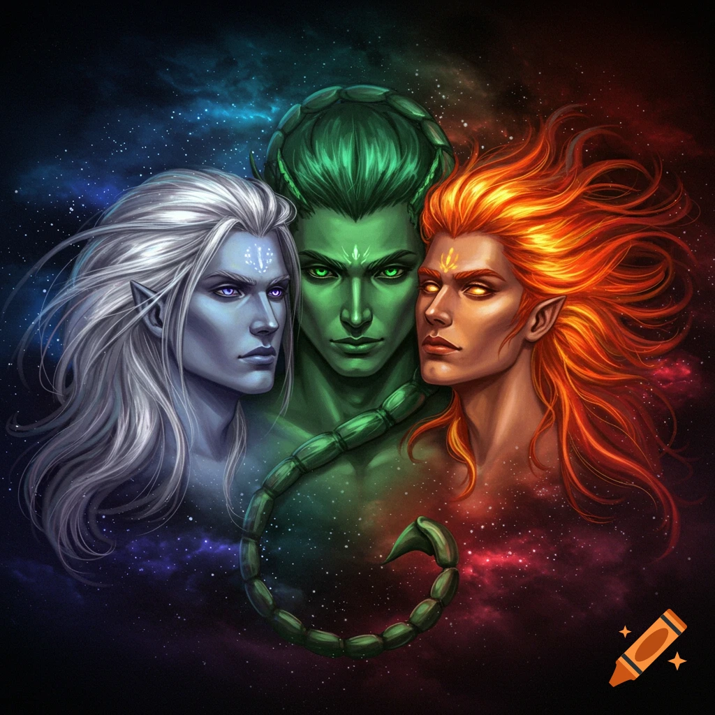 Fantasy portraits of three figures (grey, green, orange) with a scorpion tail against a space background.