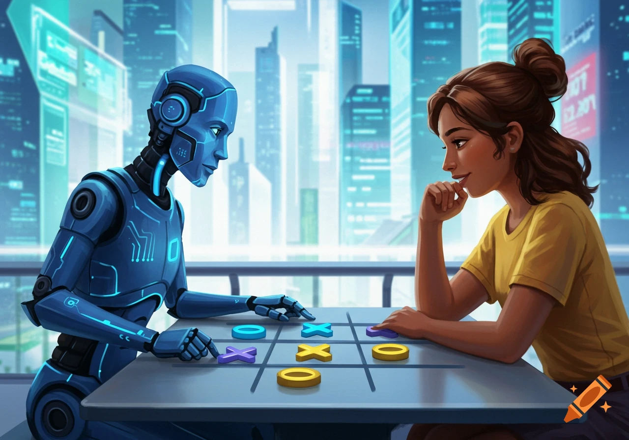 A blue robot and a woman play tic-tac-toe in a futuristic city setting.