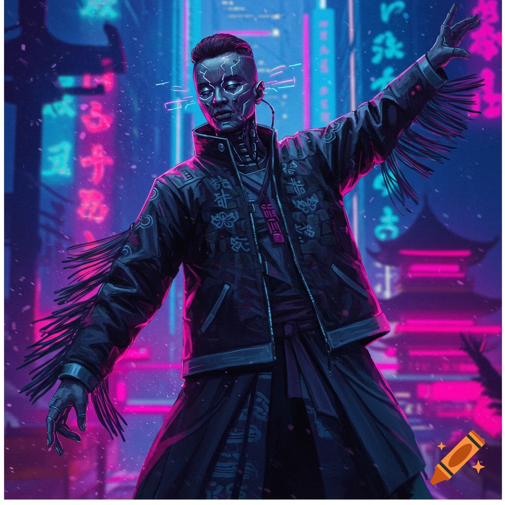 Cybernetic person in fringe jacket in a neon cyberpunk city.
