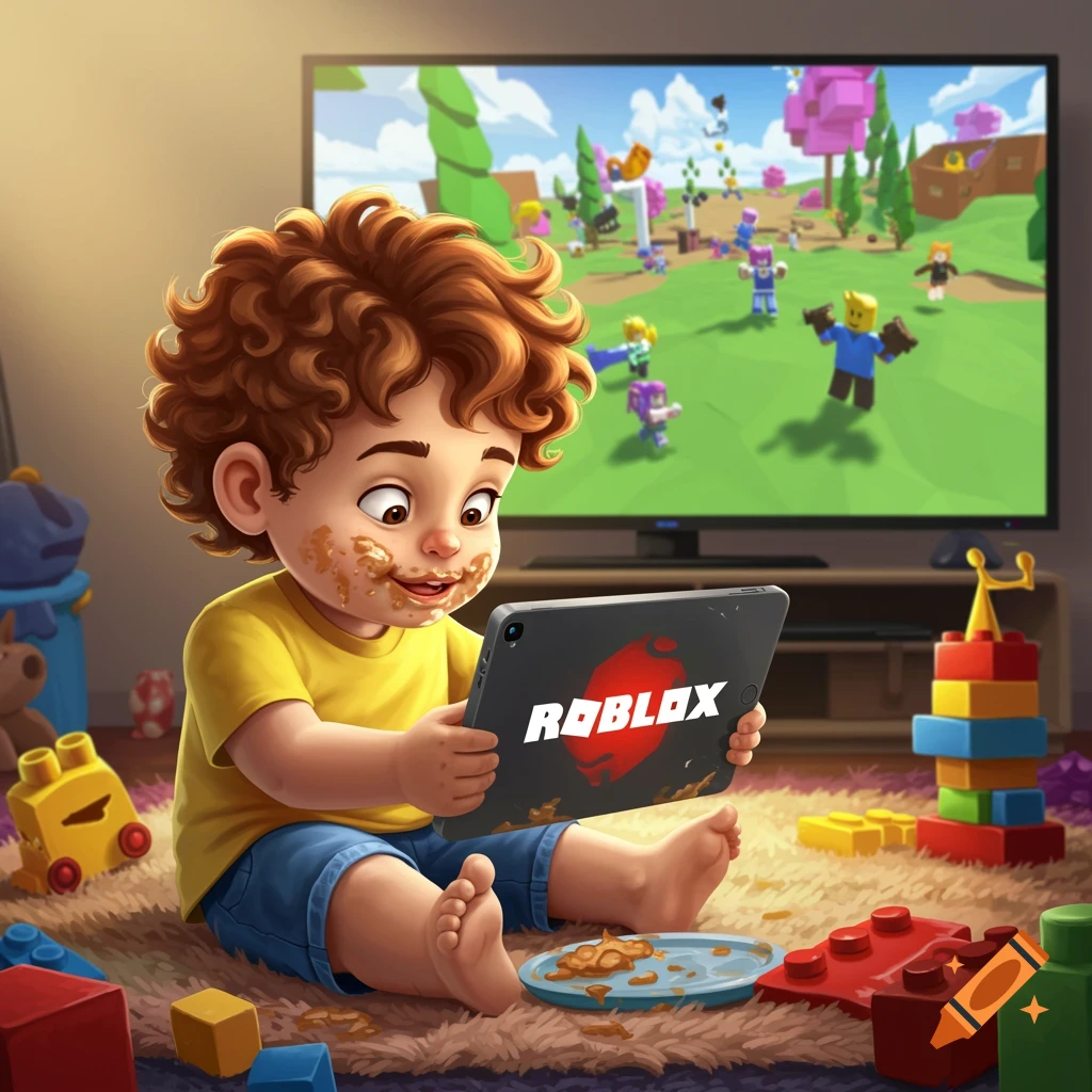 A toddler with a messy face sits on the floor playing Roblox on a ...