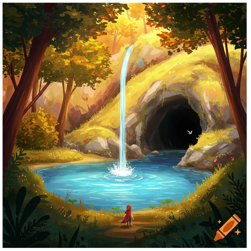 Illustration of a small person in a red cloak standing by a lake with a waterfall and a cave entrance in a sunny forest.