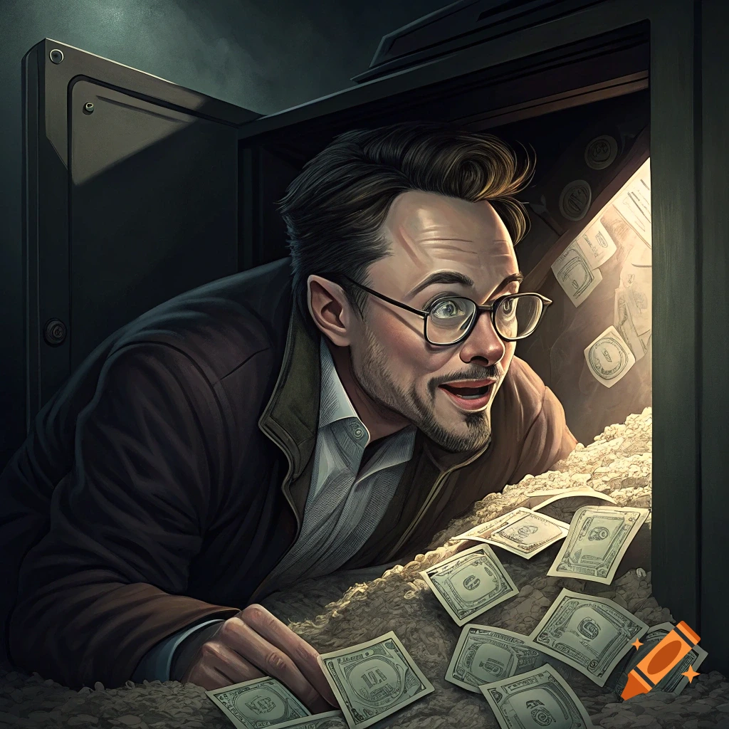 An illustrated image of a man wearing glasses looking surprised and excited while reaching into a safe overflowing with money.