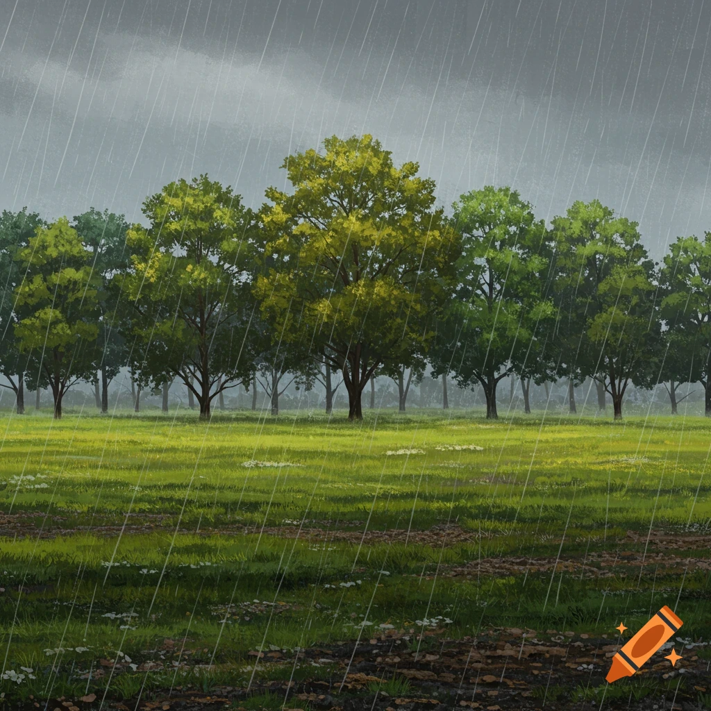 A landscape painting of trees and a field in the rain.