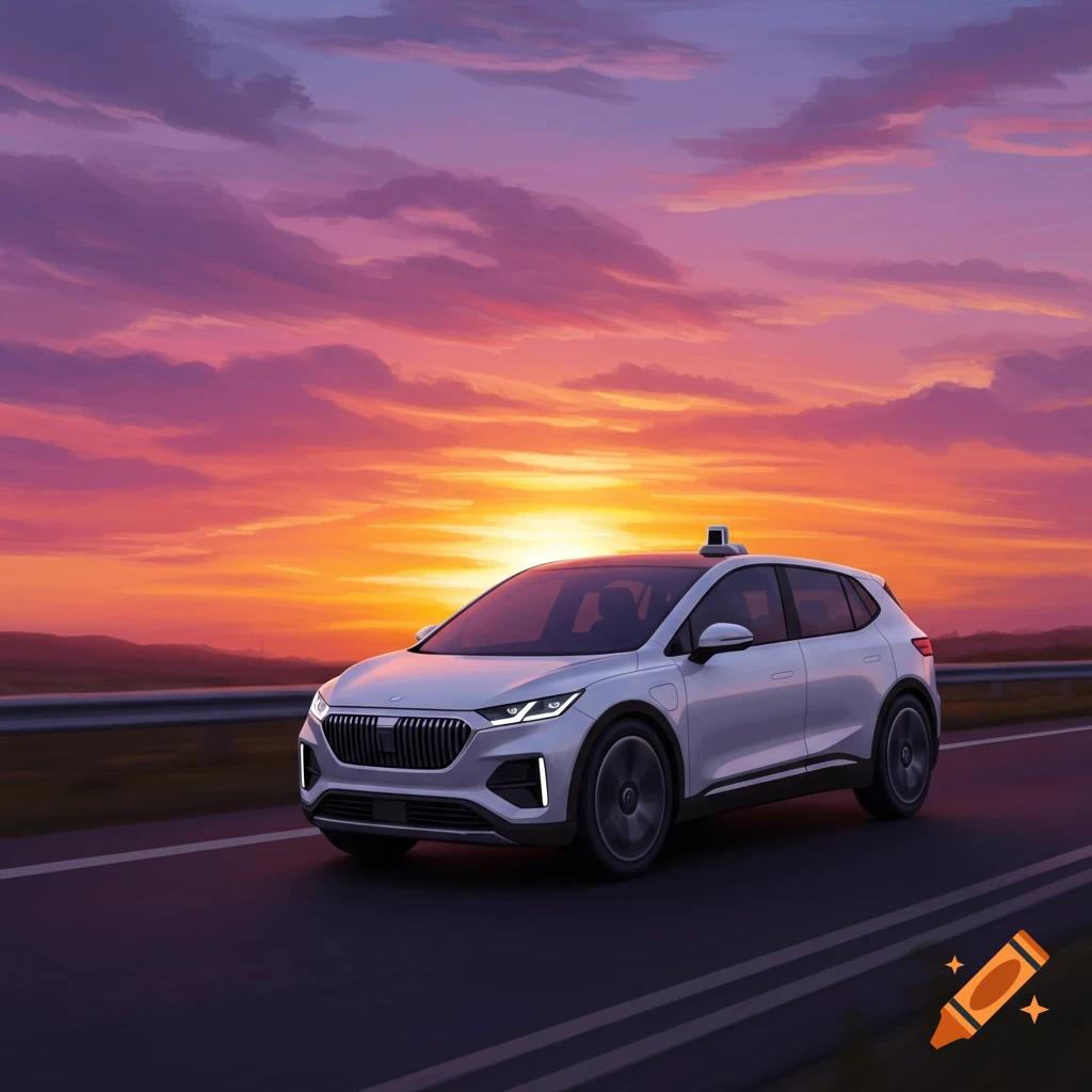 A white self-driving car drives on a road at sunset.