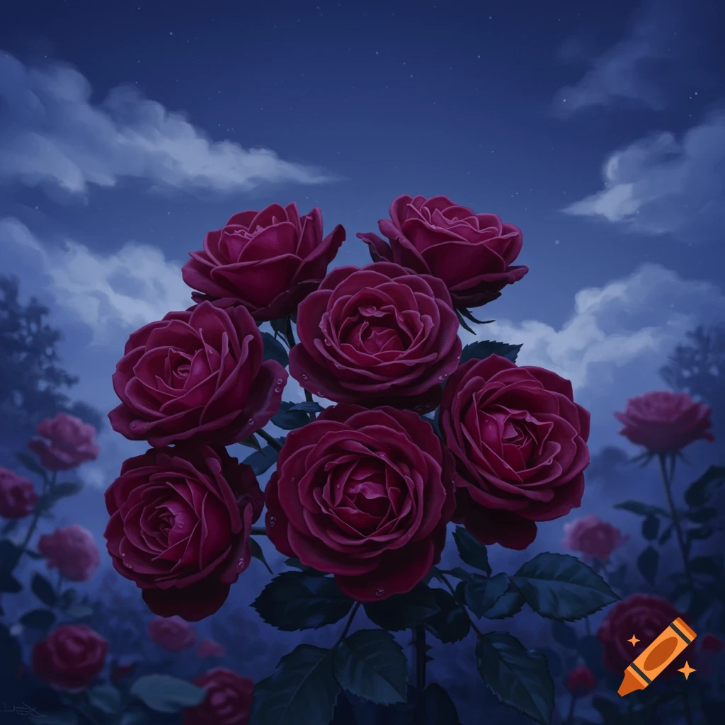 Deep red roses under a cloudy night sky