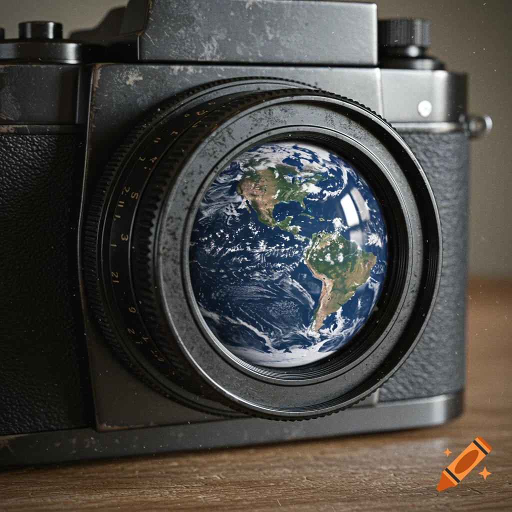 Close-up of a vintage camera lens reflecting the planet Earth.