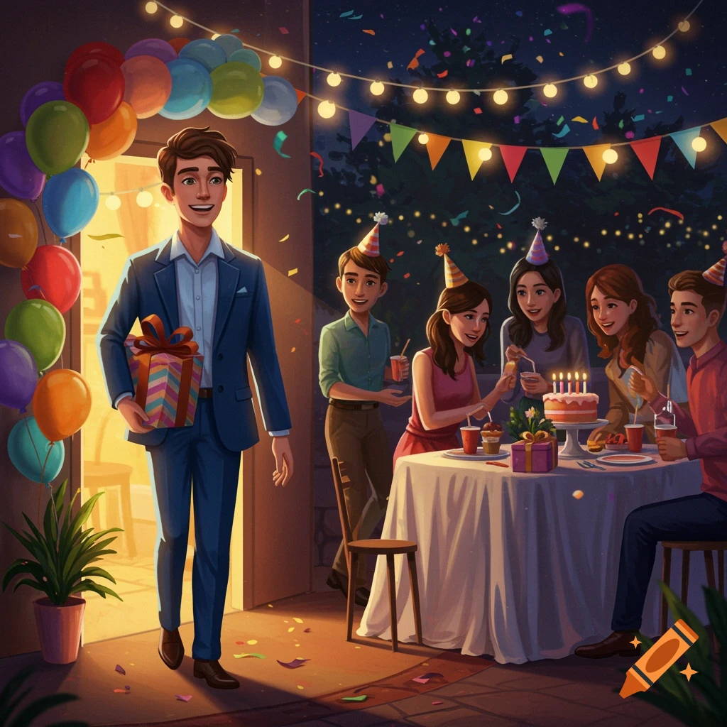 A man holding a gift walks into a festive outdoor birthday party where people are gathered around a table with cake and balloons.