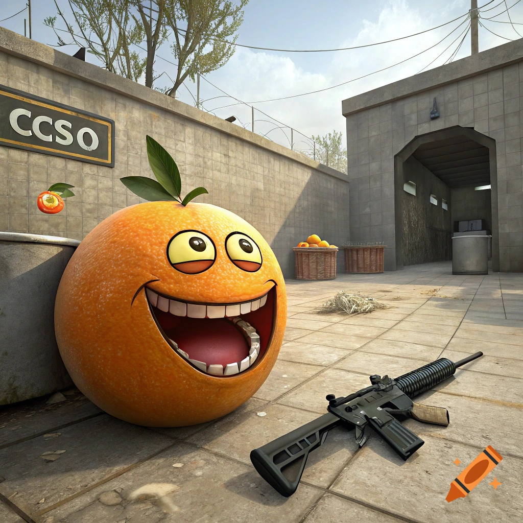 Cartoon orange with a wide grin next to an assault rifle in a game environment